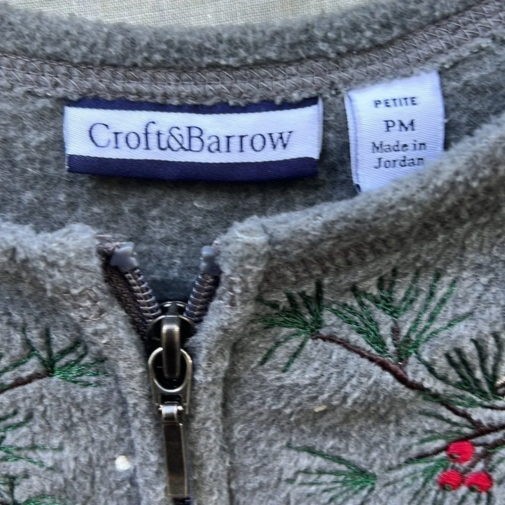 Croft & Barrow Gray Fleece Full Zip Embroidered Jacket PM